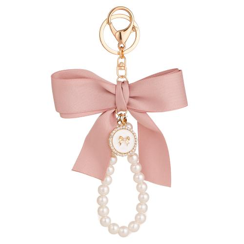 Zinc Alloy Key Clasp, with Cloth & Plastic Pearl, Bowknot, gold color plated, for woman 