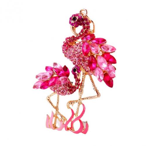Zinc Alloy Key Clasp, Animal, gold color plated, with rhinestone, Overall length14cm,Flamingo 