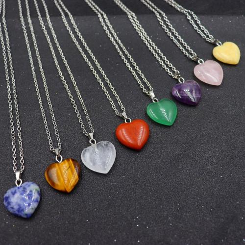 Gemstone Necklaces, Natural Stone, with Zinc Alloy, Heart, silver color plated & for woman cm 