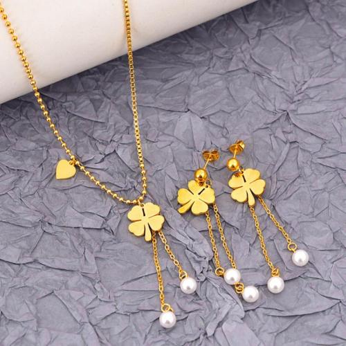 Titanium Steel Jewelry Set, with Plastic Pearl, with 6cm extender chain, Vacuum Ion Plating, fashion jewelry & for woman, golden, earring 60mm Approx 40 cm 