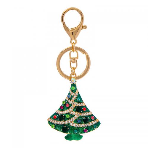 Zinc Alloy Key Clasp, Christmas Tree, gold color plated, Unisex & with rhinestone, green, Overall length 12cm,Christmas tree 