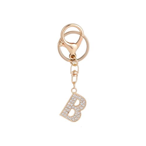 Rhinestone Zinc Alloy Key Chain, Alphabet Letter, gold color plated, letters are from A to Z & with rhinestone 