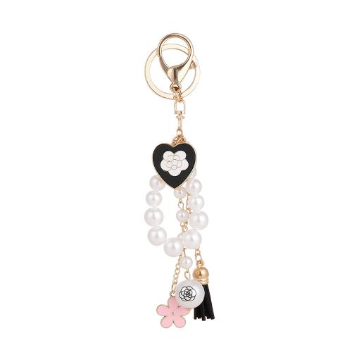 Enamel Zinc Alloy Key Chain, with Plastic Pearl, gold color plated, for woman 