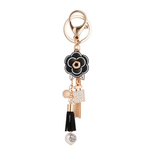porte-clés en alliage zinc à stras, alliage de zinc, avec perle de plastique, fleur, Placage de couleur d'or, pour femme & avec strass Vendu par PC