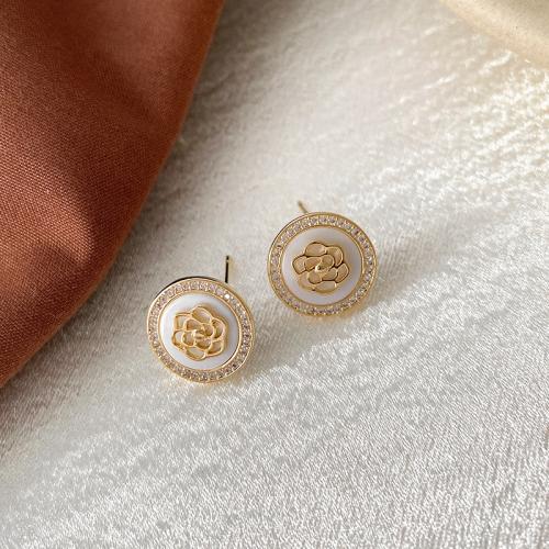White Shell Earrings, Zinc Alloy, with Shell, Round, plated, fashion jewelry, golden, 13mm 