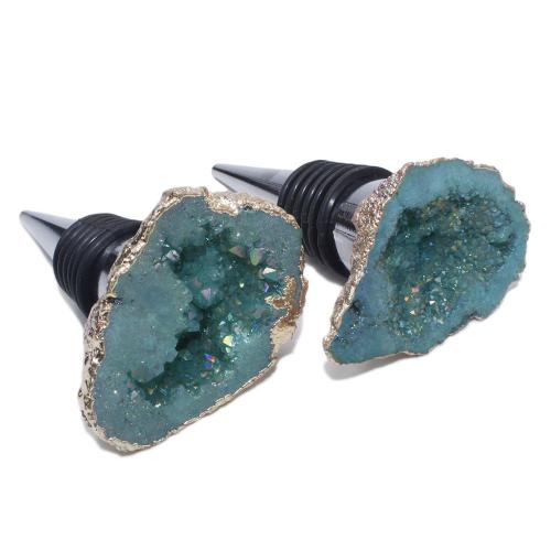Bottle Stopper, Ice Quartz Agate, with Rubber & Zinc Alloy, irregular, silver color plated, druzy style, mixed colors [