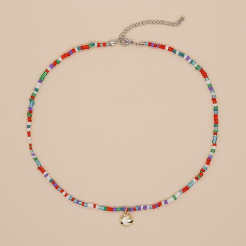 Glass Seed Beads Necklace, Seedbead, with Zinc Alloy, with 5cm extender chain, Flat Round, plated, fashion jewelry & Unisex & enamel Approx 40 cm 