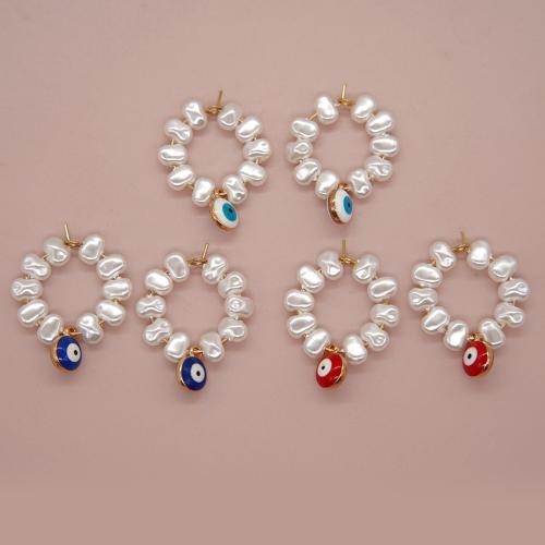 Plastic Pearl Zinc Alloy Earring, with Zinc Alloy, Flat Round, gold color plated, fashion jewelry & for woman & enamel 