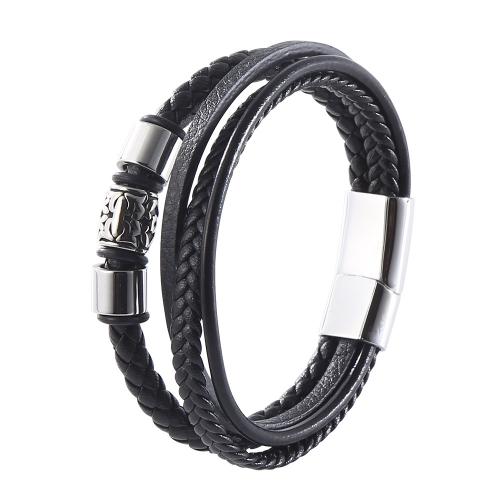 bracelet de cordon en PU , cuir PU, avec Acier inoxydable 304, Vintage & longueur différente pour le choix & pour homme, noire, Vendu par PC