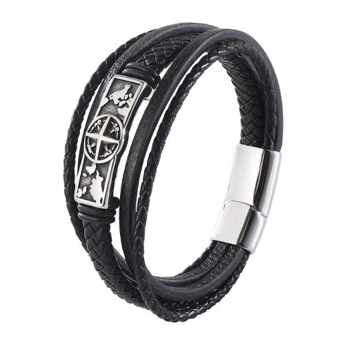 bracelet de cordon en PU , cuir PU, avec Acier inoxydable 304, Vintage & longueur différente pour le choix & pour homme, noire, Vendu par PC