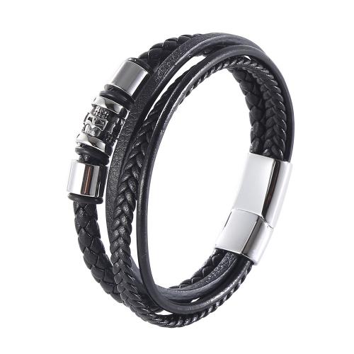 PU Leather Cord Bracelets, with 304 Stainless Steel, vintage & for man, black 