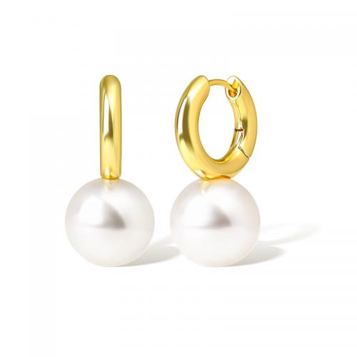 Brass Huggie Hoop Earring, with Glass Pearl, plated, for woman, gold 