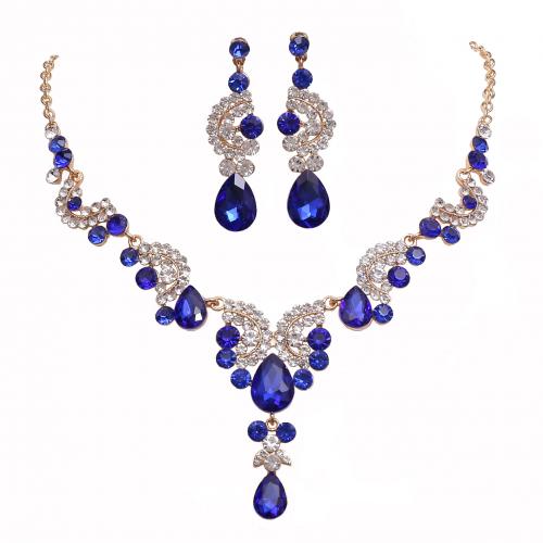 Rhinestone Zinc Alloy Jewelry Set, earring & necklace, with Rhinestone, 2 pieces & fashion jewelry & for woman & with rhinestone 60mm Approx 49 cm 