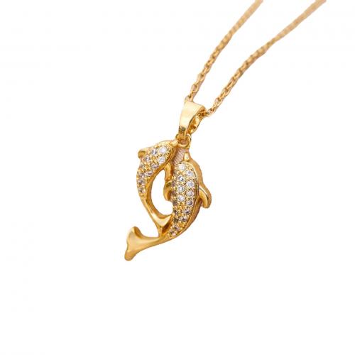 Titanium Steel Necklace, Fish, gold color plated, oval chain & micro pave cubic zirconia & for woman Approx 17.7 Inch 