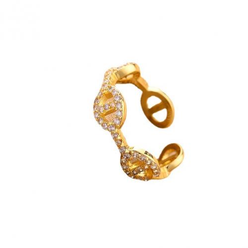 Titanium Steel Cuff Finger Ring, gold color plated, for woman & with rhinestone & hollow, US Ring 