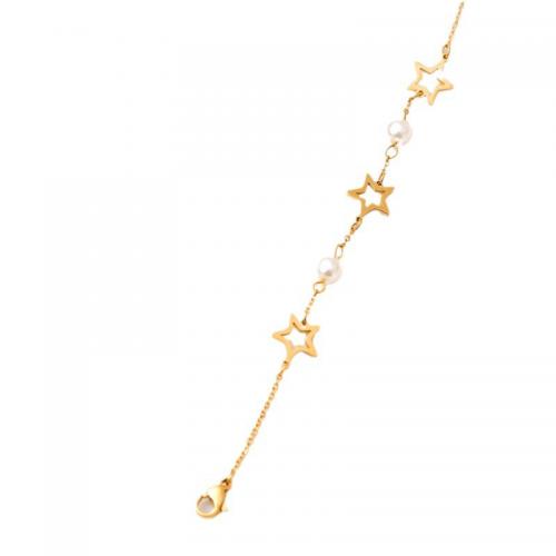 Titanium Steel Bracelet, with Plastic Pearl, Star, gold color plated, for woman & hollow Approx 6.7 Inch 