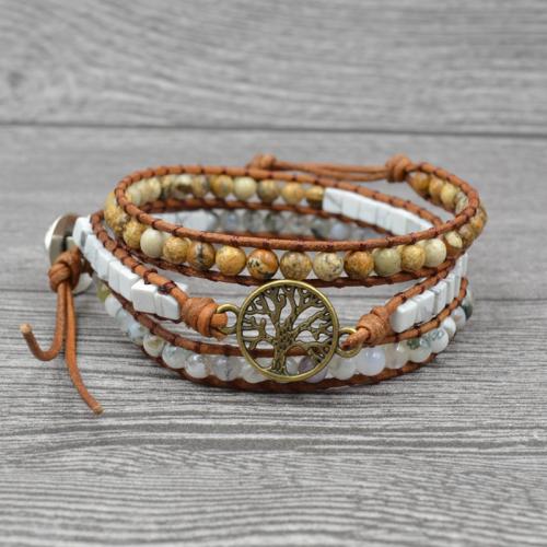 Fashion Zinc Alloy Bracelets, with Howlite & leather cord & Picture Jasper & Agate, Flat Round, plated, Adjustable & fashion jewelry & multilayer & Unisex & hollow, mixed colors Approx 51 cm 