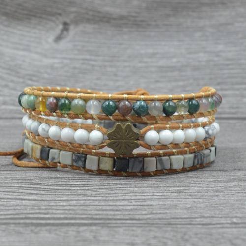 Fashion Zinc Alloy Bracelets, with Howlite & leather cord & Agate & Indian Agate, Four Leaf Clover, plated, Adjustable & fashion jewelry & multilayer & Unisex, mixed colors Approx 51 cm 