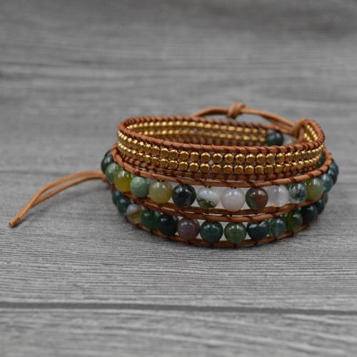 Fashion Zinc Alloy Bracelets, with leather cord & Indian Agate & Brass, Round, plated, Adjustable & fashion jewelry & multilayer & Unisex, mixed colors Approx 51 cm 
