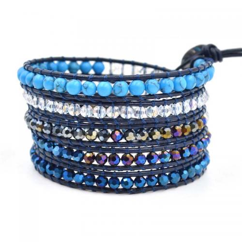 Synthetic Turquoise Bracelet, 304 Stainless Steel, with Synthetic Blue Turquoise & leather cord & Crystal, Round, Adjustable & fashion jewelry & multilayer & Unisex, mixed colors, 4mm Approx 95 cm 