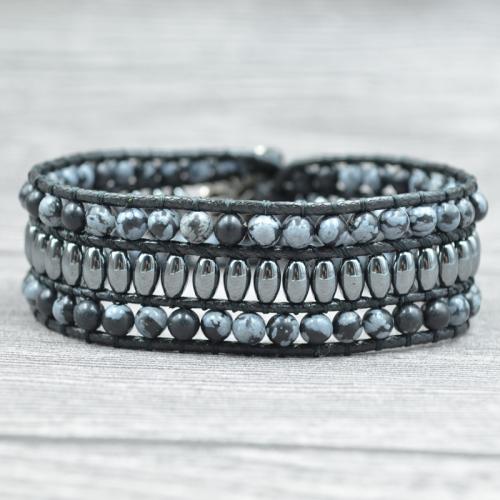 Snowflake Obsidian Bracelet, with Wax Cord & Hematite & Zinc Alloy, Round, silver color plated, fashion jewelry & Unisex, mixed colors, 4mm Approx 20 cm 
