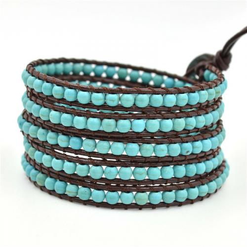 Turquoise Bracelets, Synthetic Turquoise, with leather cord & 304 Stainless Steel, Round, Adjustable & fashion jewelry & multilayer & Unisex, blue, 4mm Approx 95 cm 