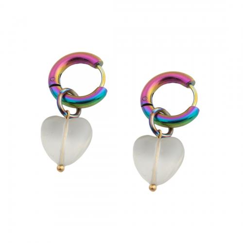 Huggie Hoop Drop Earring, 304 Stainless Steel, with Lampwork, Heart, fashion jewelry & for woman, multi-colored 