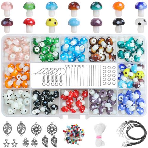 DIY Jewelry Finding Kit, Glass, with Plastic Box & Zinc Alloy, mushroom, 15 cells, mixed colors Approx 2mm, Approx 