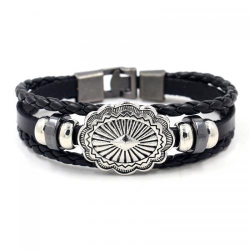 PU Leather Bracelet, with Cowhide & Zinc Alloy, Flower, plated, multilayer & punk style & Unisex Approx 8.3 Inch [