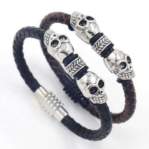 Cowhide Bracelet, with Zinc Alloy, Skull, punk style & Unisex Approx 8.3 Inch 