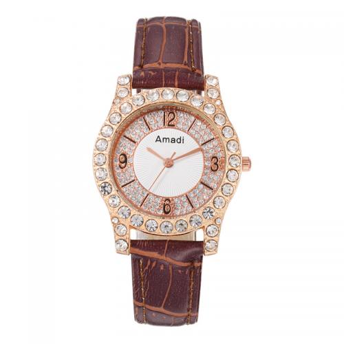Zinc Alloy Watch Bracelet, with PU Leather & Glass, Round, Chinese movement & for woman & with rhinestone 