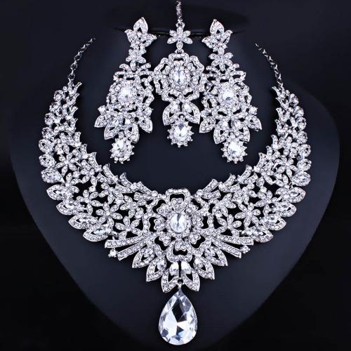 Rhinestone Zinc Alloy Jewelry Set, forehead chain & Stud Earring & necklace, with 6cm extender chain, plated, three pieces & fashion jewelry & for bridal & with rhinestone Approx 42 cm 