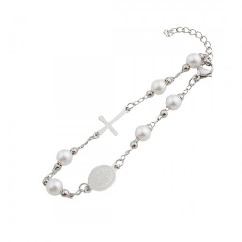Stainless Steel Charm Bracelet, 304 Stainless Steel, with Plastic Pearl, fashion jewelry & for woman, original color Approx 20.5 cm 