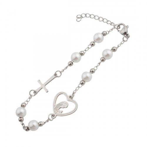 Stainless Steel Charm Bracelet, 304 Stainless Steel, with Plastic Pearl, fashion jewelry & for woman, original color Approx 21 cm 