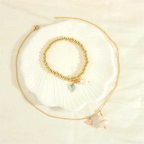 Brass Jewelry Set, with Freshwater Pearl & for woman & enamel, golden 