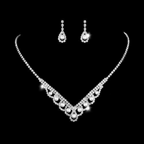 Brass Jewelry Set, earring & necklace, plated, for woman & with rhinestone cm 