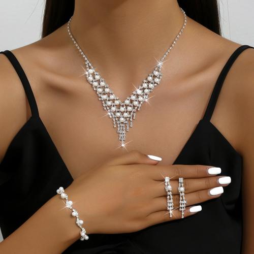 Messing Schmuck Set, Armband & Ohrring & Halskette, mit Kunststoff Perlen, plattiert, verschiedene Stile für Wahl & für Frau & mit Strass, keine, Länge:44 cm, verkauft von PC