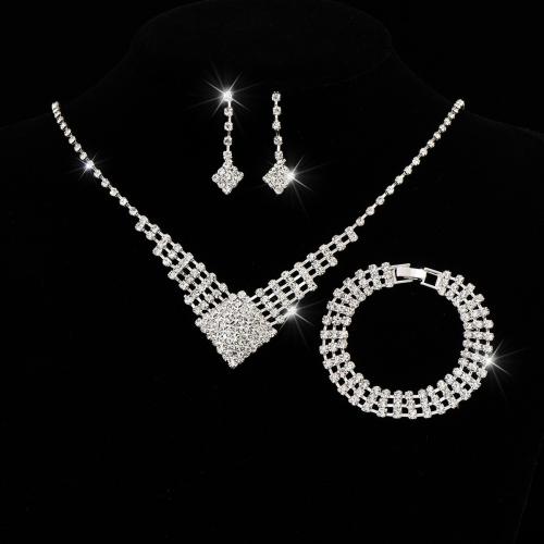 Brass Jewelry Set, bracelet & earring & necklace, with 15CM extender chain, silver color plated & for woman & with rhinestone 