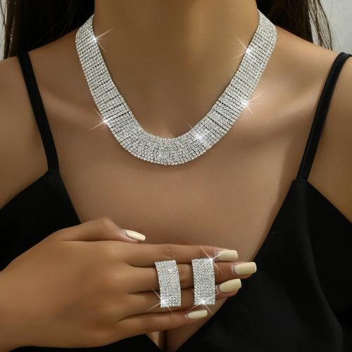 Brass Jewelry Set, earring & necklace, with 17CM extender chain, Square, silver color plated, for woman & with rhinestone .16 cm 