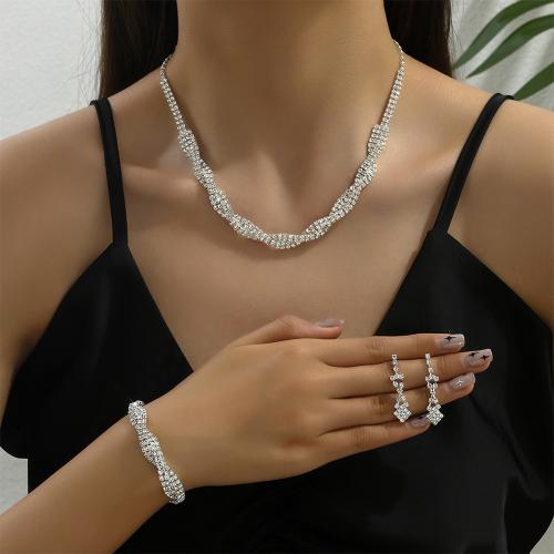 Brass Jewelry Set, bracelet & earring & necklace, with 17CM extender chain, silver color plated & for woman & with rhinestone cm 