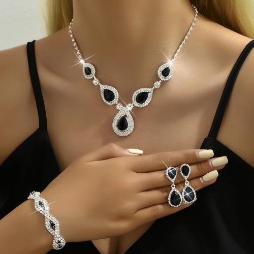 Brass Jewelry Set, bracelet & earring & necklace, Teardrop, silver color plated, for woman & with rhinestone 