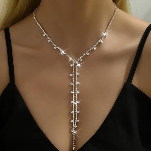 Rhinestone Brass Necklace, with 17CM extender chain, silver color plated, for woman & with rhinestone cm 
