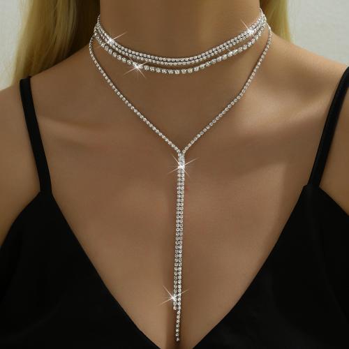 Rhinestone Brass Necklace, with 17CM extender chain, silver color plated, for woman & with rhinestone cm 