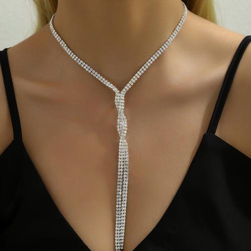 Rhinestone Brass Necklace, with brass claw chain, with 16CM extender chain, silver color plated, for woman & with rhinestone cm 