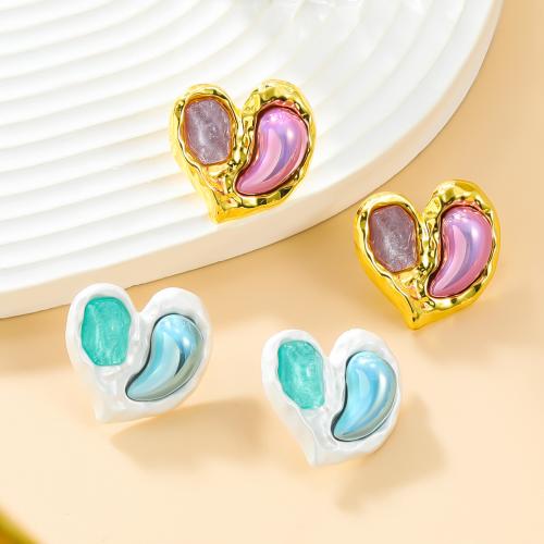 Brass Stud Earring, with Resin, Heart, plated, fashion jewelry & for woman 