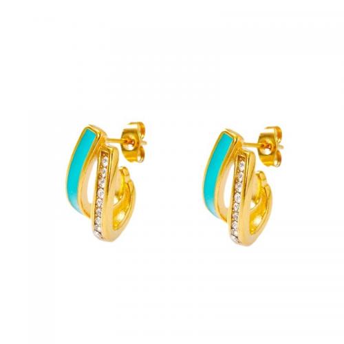 Stainless Steel Stud Earring, 304 Stainless Steel, plated, micro pave cubic zirconia & for woman & enamel, golden 