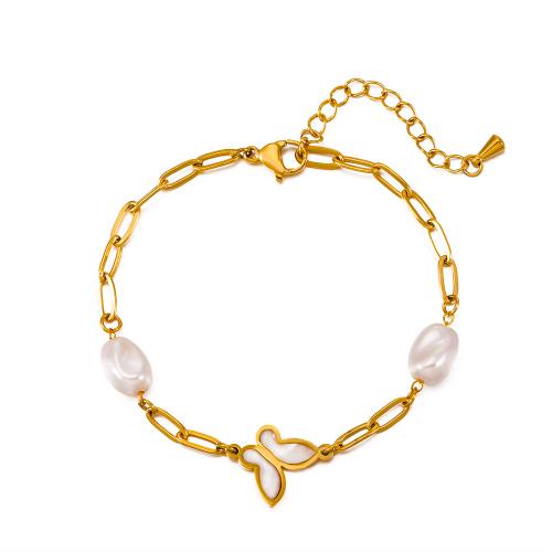 Stainless Steel Chain Bracelets, 304 Stainless Steel, with Plastic Pearl, fashion jewelry & for woman, golden Approx 21 cm 