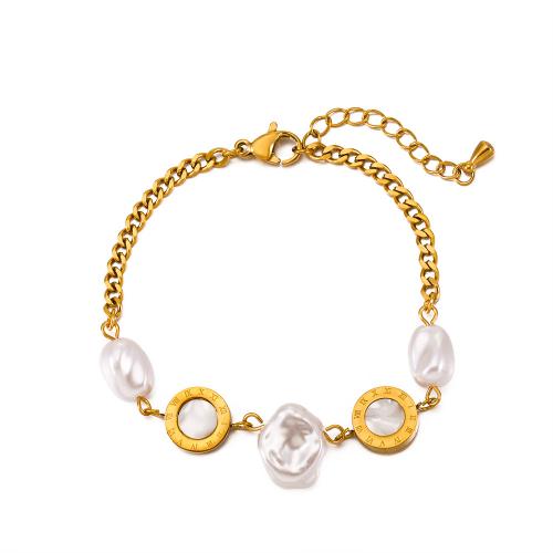 Bracelets en acier inoxydable, Acier inoxydable 304, avec perle de plastique, bijoux de mode & pour femme, doré Environ 21 cm, Vendu par PC