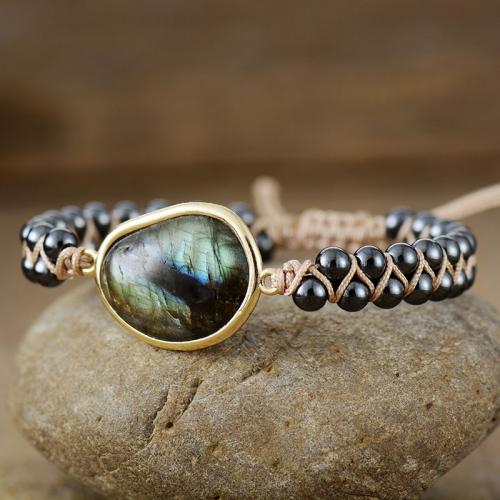 Labradorite Bracelet, with Polyester Cord, handmade, Double Layer & Bohemian style & for woman Approx 6-10 Inch 