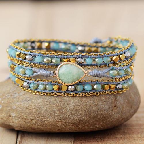 ​Amazonite​ Bracelet, with Wax Cord & Crystal & Zinc Alloy, handmade, multilayer & Bohemian style & for woman Approx 20-24 Inch 